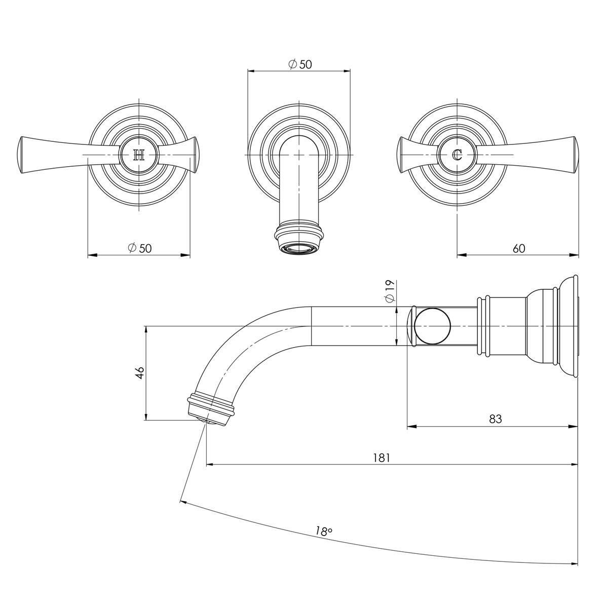 CROMFORD WALL BASIN / BATH TAP SET CP