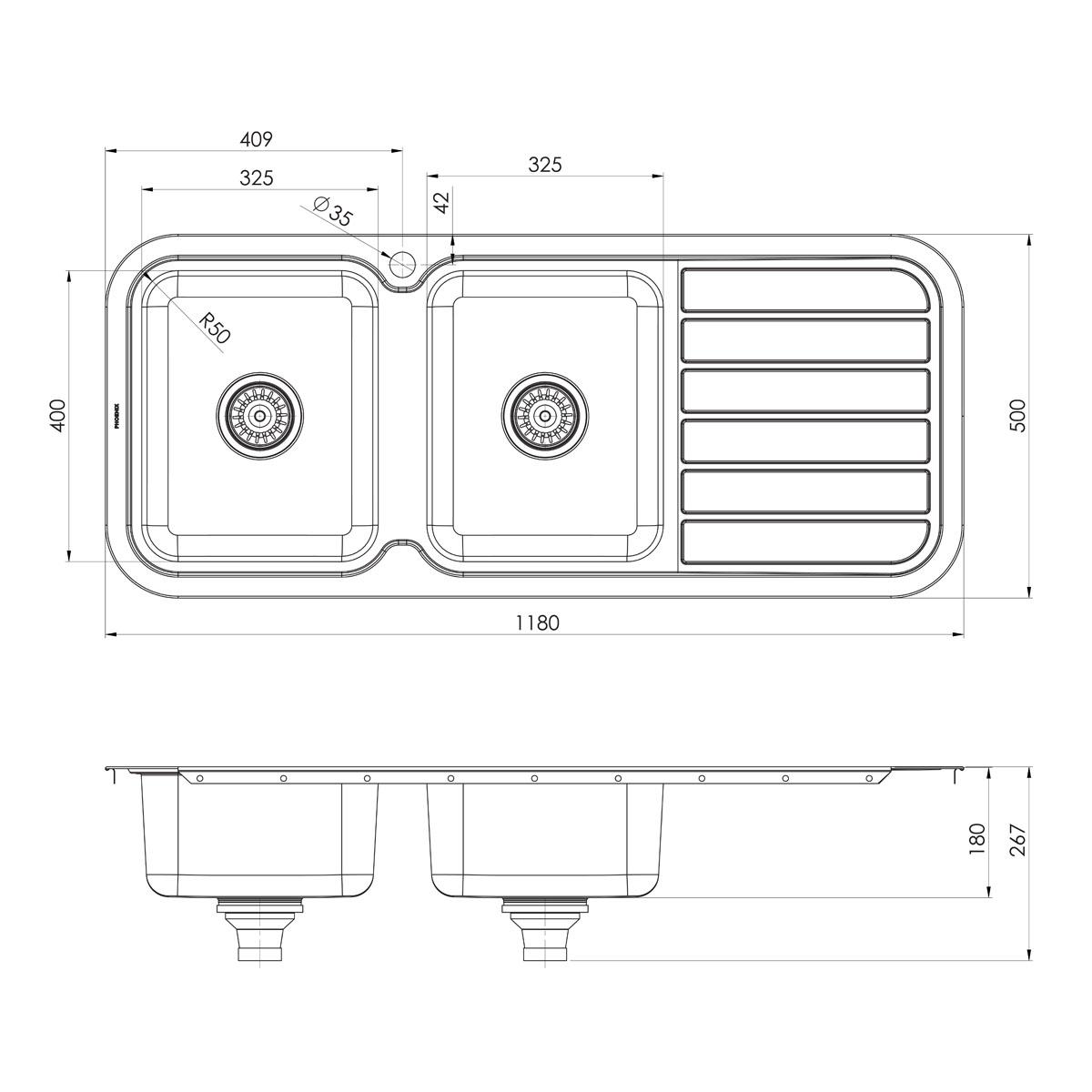 1000 SERIES DOUBLE L/H BOWL SINK W/-DRAI