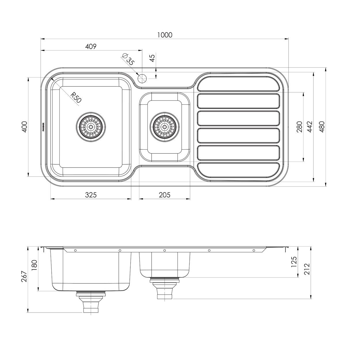 1000 SERIES 1-1/3 L/H BOWL SINK W/-DRAIN