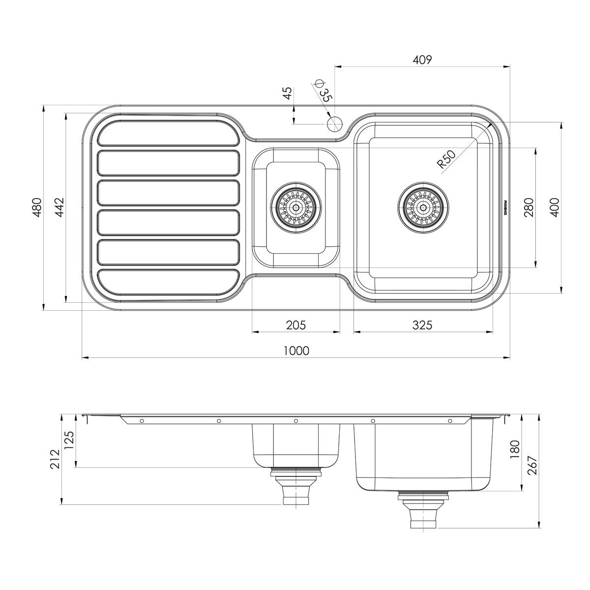 1000 SERIES 1-1/3 R/H BOWL SINK W/-DRAIN