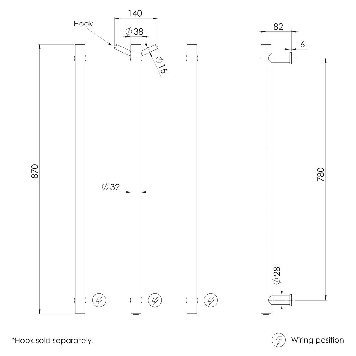 HEATED TRIPLE TOWEL RAIL ROUND 800 BC