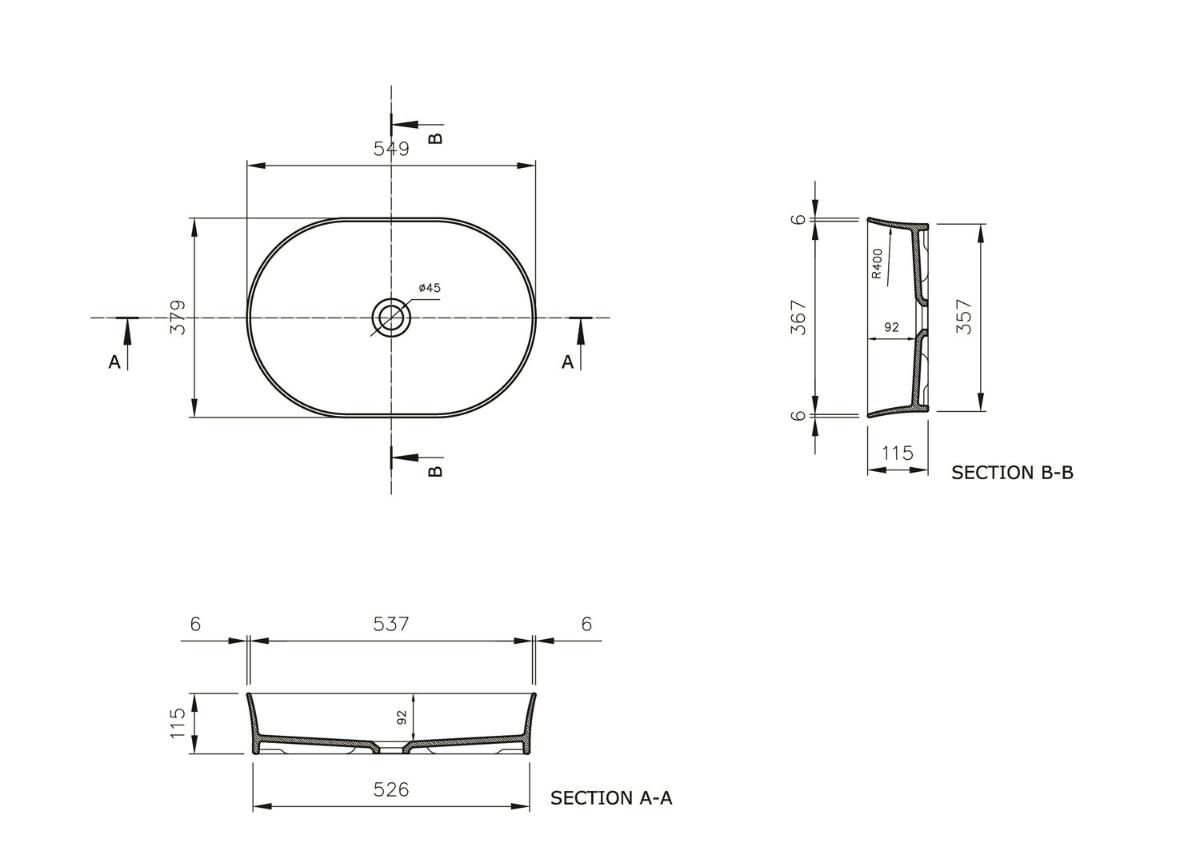 FINO 55X38 COUNTER TOP BASIN GL WHT