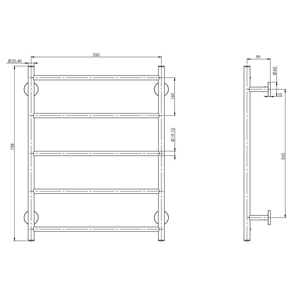 RADII TOWEL LADDER 550 X 740 RND PLT BN