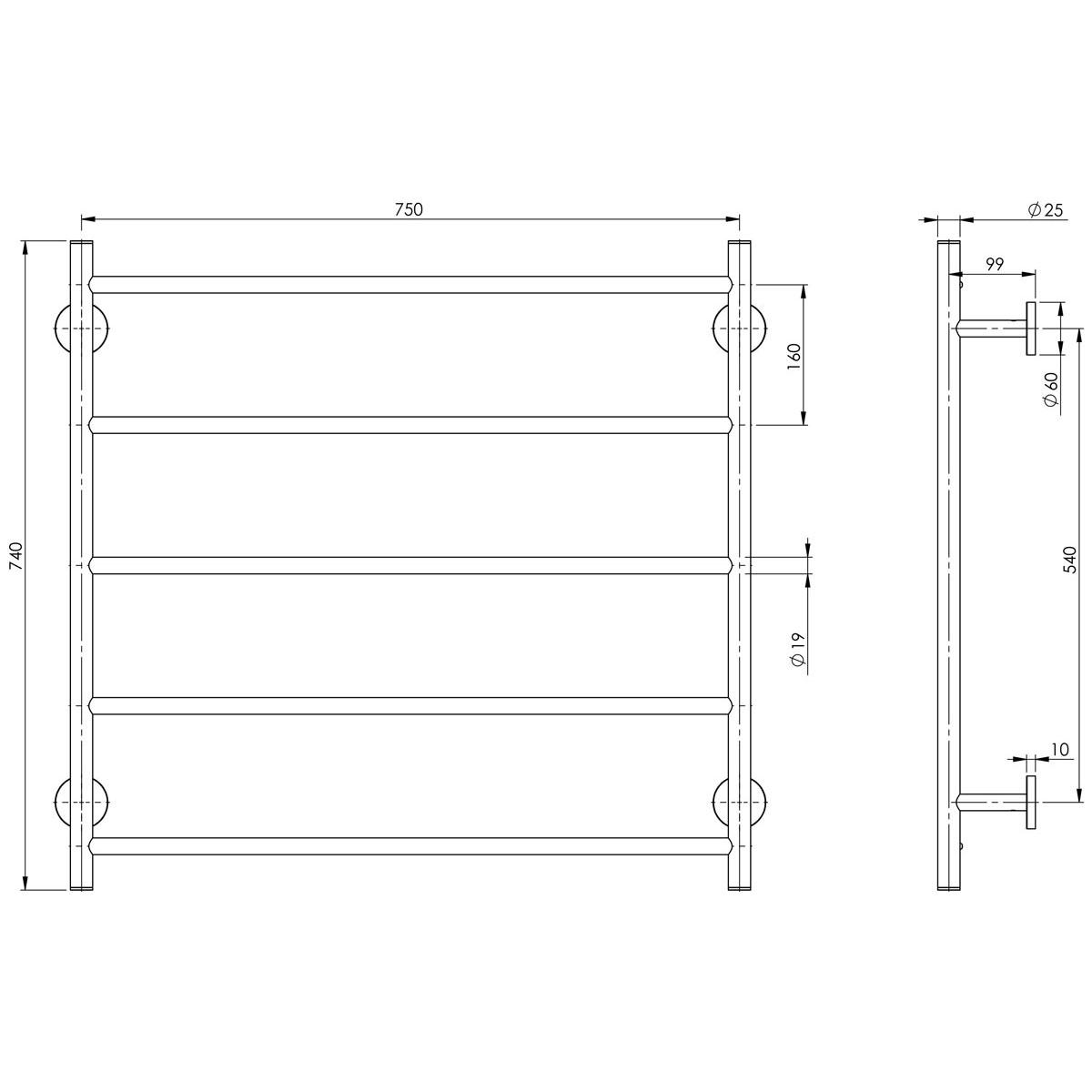 RADII TOWEL LADDER 750 X 740 RND PLT CP