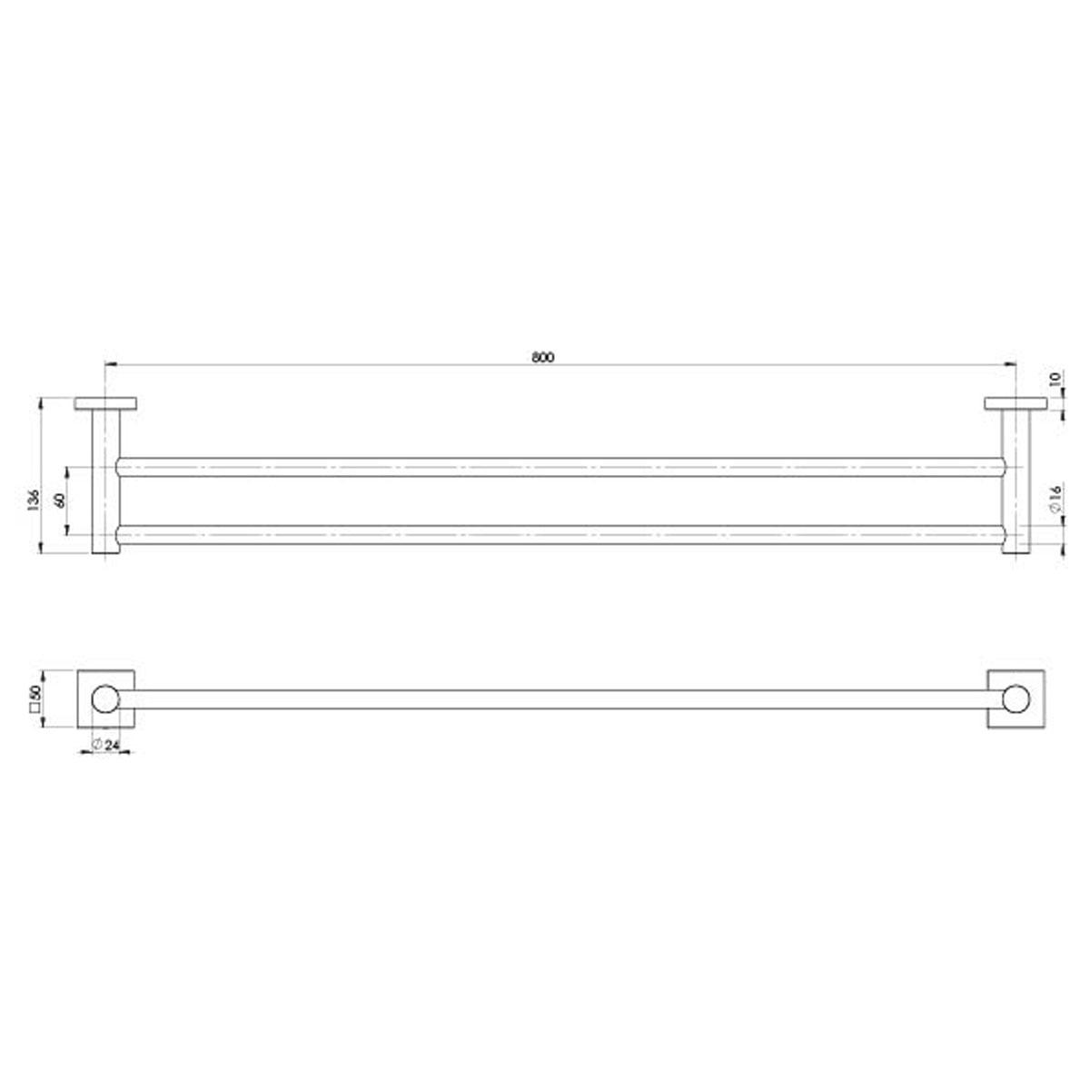 RADII DOUBLE TOWEL RAIL 800MM SQ PLT BN