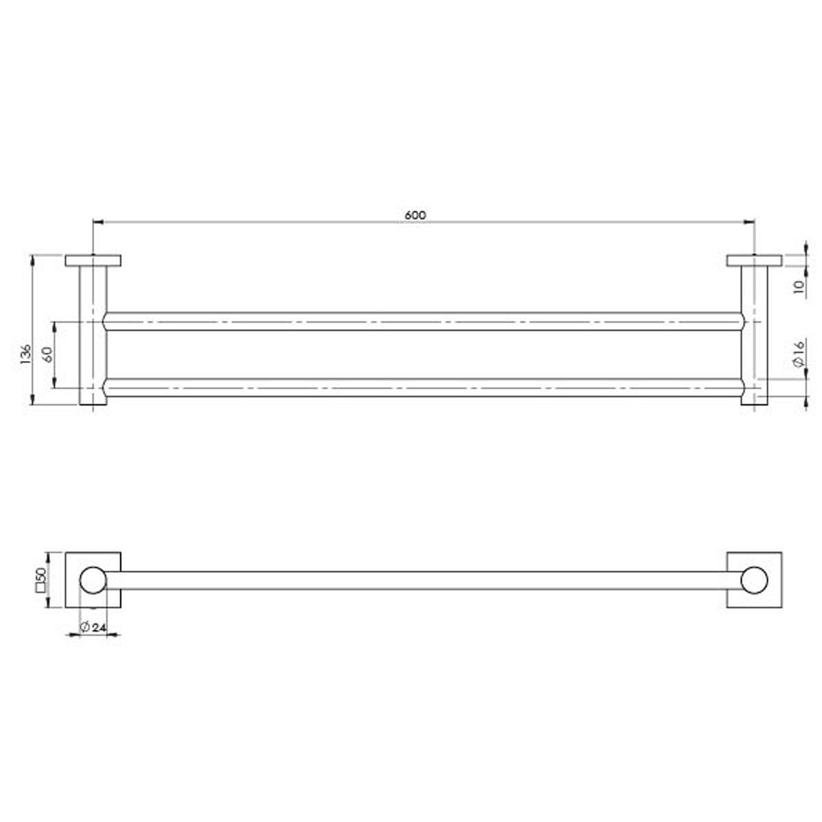 RADII DOUBLE TOWEL RAIL 600MM SQ PLT CP