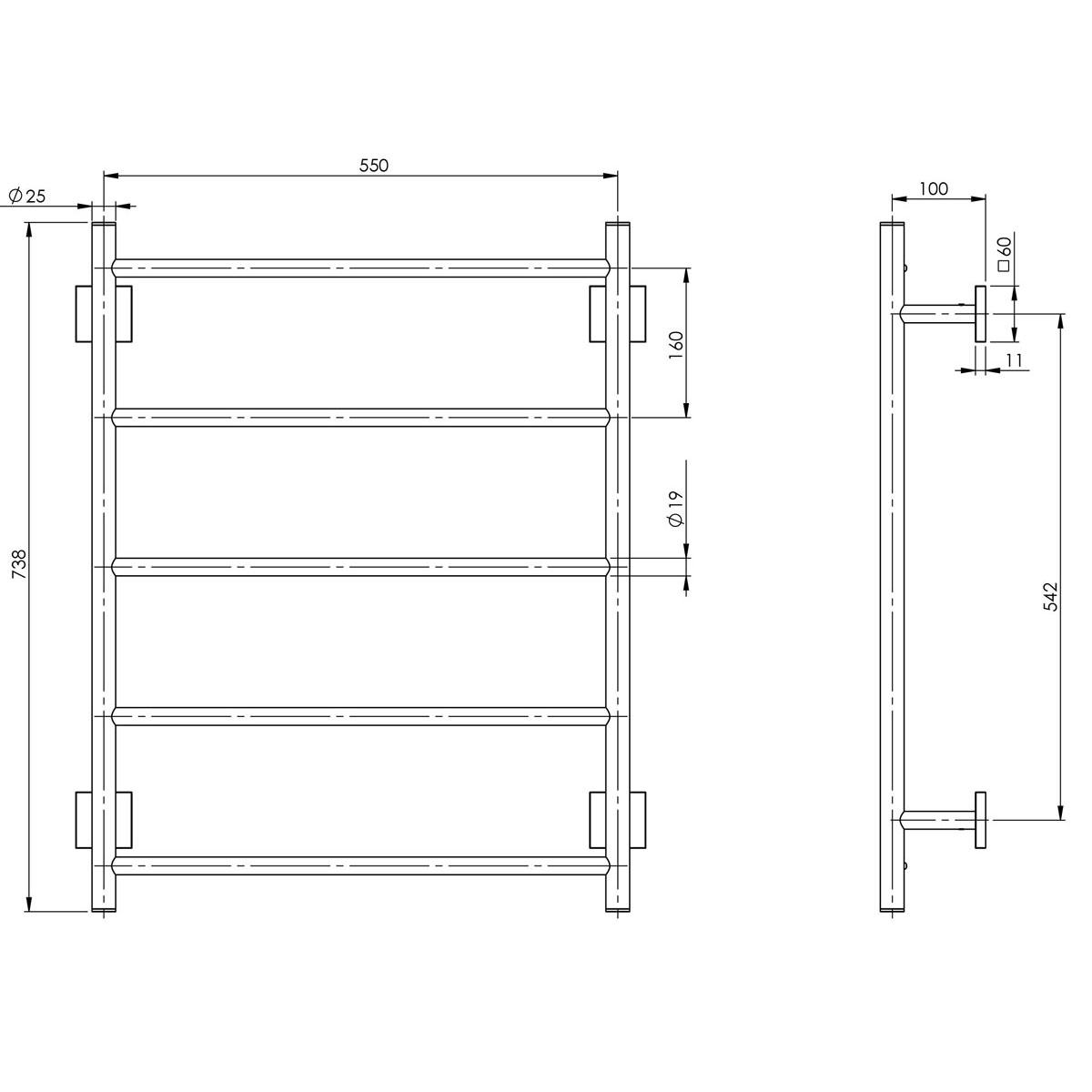 RADII TOWEL LADDER 550 X 740MM SQ PL CP