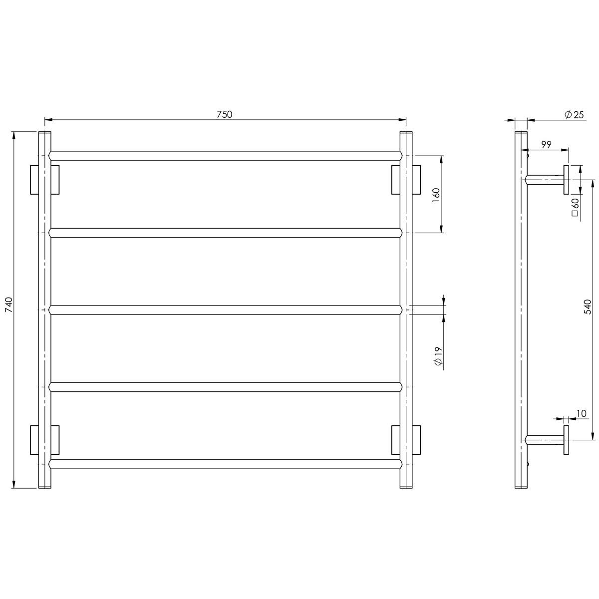 RADII TOWEL LADDER 750 X 740MM SQ PL CP