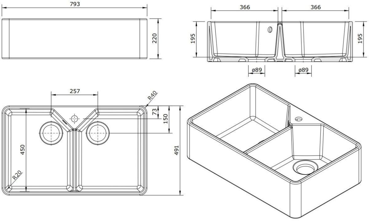 CHESTER 80X50 1TH DB FC SINK INCL OF KIT