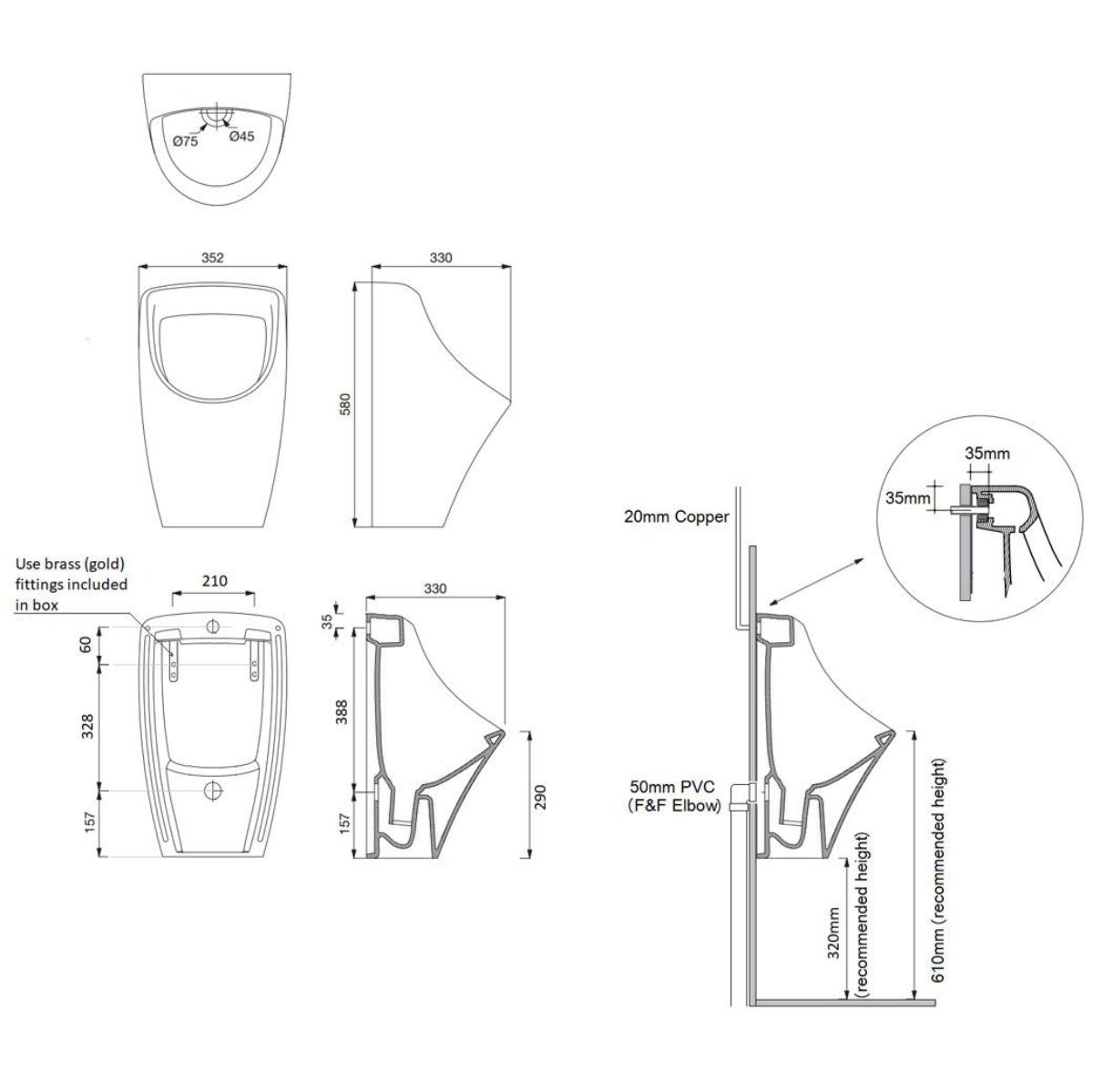 TEIDE CERAMIC URINAL BACK INLET