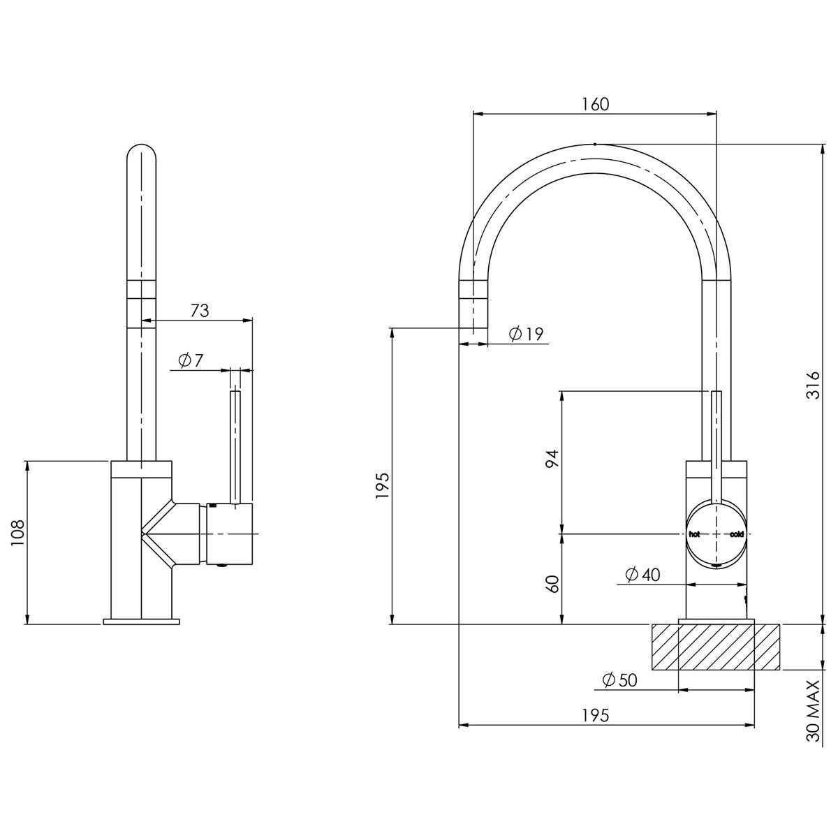 VIVID SLIMLINE SINK MIXER 160MM GOOSENEC