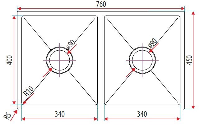 SQUARELINE PLUS 760MM DOUBLE BOWL U/M